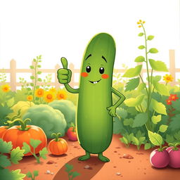 In a bright morning garden, a cute cucumber plant stands confidently, giving a thumbs up with its leafy hand