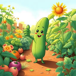 In a bright morning garden, a cute cucumber plant stands confidently, giving a thumbs up with its leafy hand