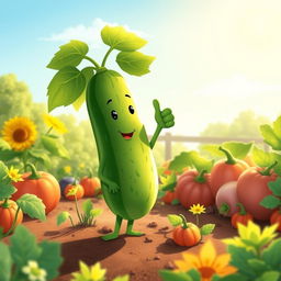 In a bright morning garden, a cute cucumber plant stands confidently, giving a thumbs up with its leafy hand