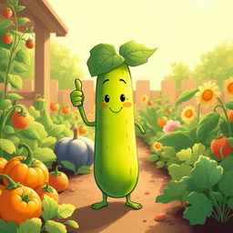 In a bright morning garden, a cute cucumber plant stands confidently, giving a thumbs up with its leafy hand