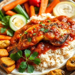 A vibrant and detailed plate of Thieboudienne, a traditional Senegalese dish consisting of perfectly cooked rice topped with richly flavored fish, surrounded by a luscious tomato sauce