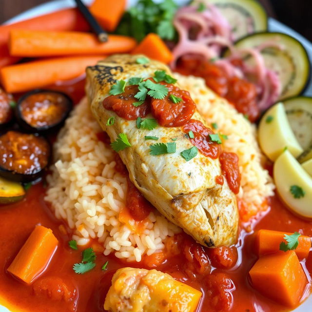 A vibrant and detailed plate of Thieboudienne, a traditional Senegalese dish consisting of perfectly cooked rice topped with richly flavored fish, surrounded by a luscious tomato sauce