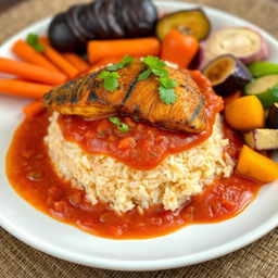 A vibrant and detailed plate of Thieboudienne, a traditional Senegalese dish consisting of perfectly cooked rice topped with richly flavored fish, surrounded by a luscious tomato sauce