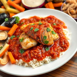 A vibrant and detailed plate of Thieboudienne, a traditional Senegalese dish consisting of perfectly cooked rice topped with richly flavored fish, surrounded by a luscious tomato sauce