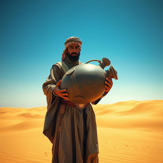 An Arabian medieval man standing in a vast desert, holding a very big bomb in both of his hands, the size of his belly