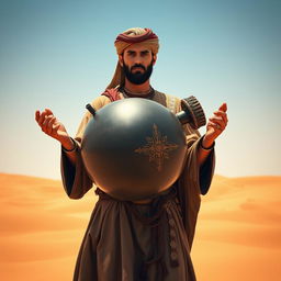 An Arabian medieval man standing in a vast desert, holding a very big bomb in both of his hands, the size of his belly