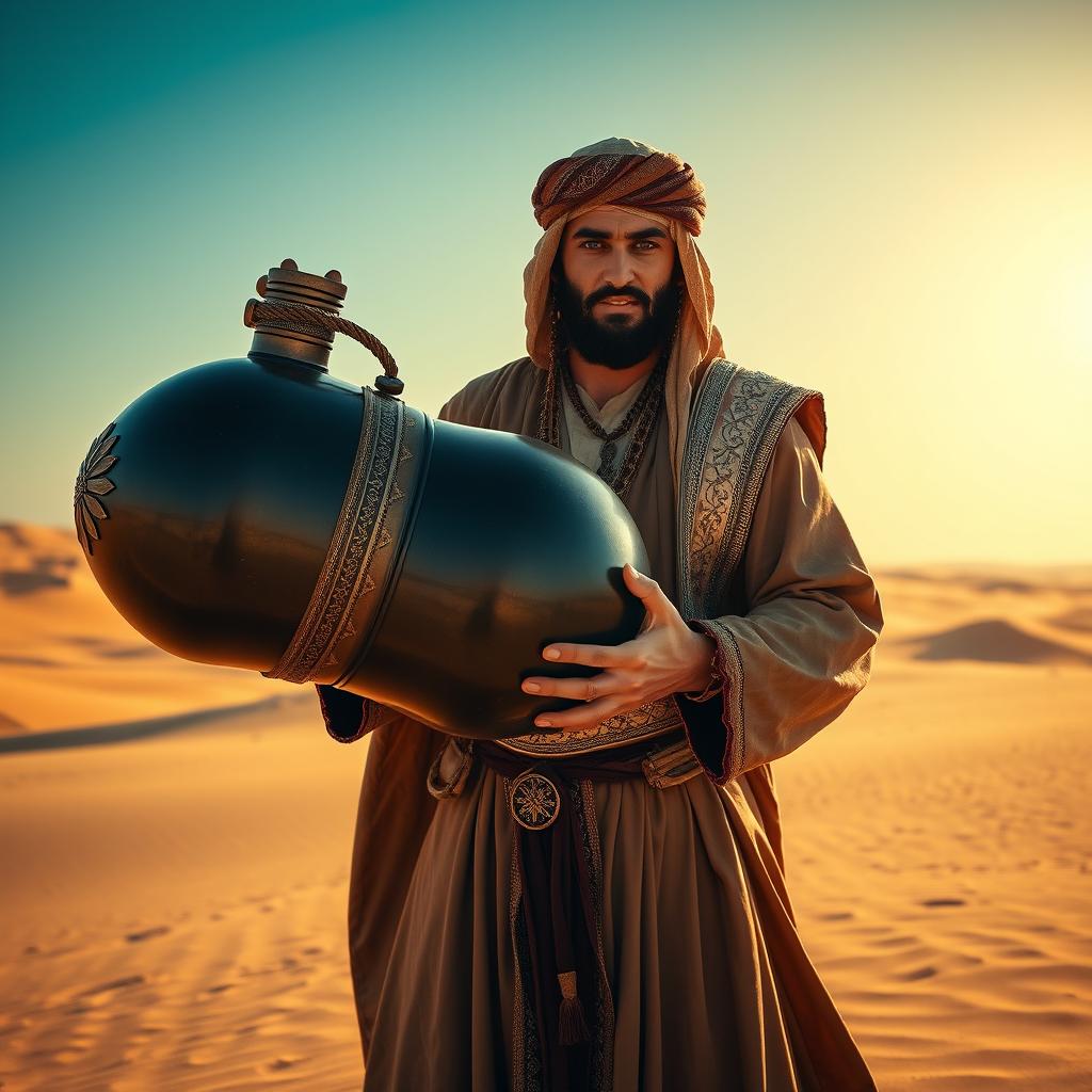 An Arabian medieval man standing in a vast desert, holding a very big bomb in both of his hands, the size of his belly