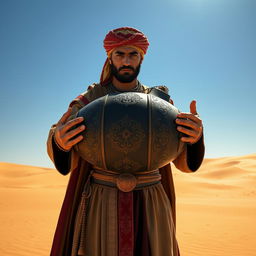 An Arabian medieval man standing in a vast desert, holding a very big bomb in both of his hands, the size of his belly