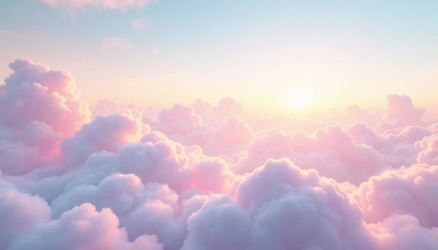 Beautiful fluffy clouds floating in a serene paradise sky, bathed in soft pastel colors of pink, lavender, and light blue