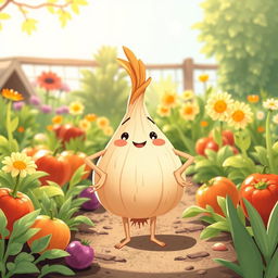 In a bright morning garden, a cute onion stands confidently with its hands on its hips, embodying a self-assured character