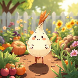 In a bright morning garden, a cute onion stands confidently with its hands on its hips, embodying a self-assured character