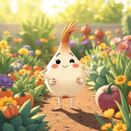 In a bright morning garden, a cute onion stands confidently with its hands on its hips, embodying a self-assured character