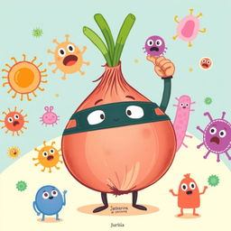 A cute onion wearing a mask triumphantly defeats various cartoonish bacteria, illustrated in the charming style of Jon Klassen
