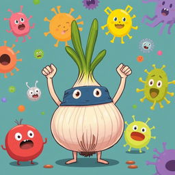 A cute onion wearing a mask triumphantly defeats various cartoonish bacteria, illustrated in the charming style of Jon Klassen