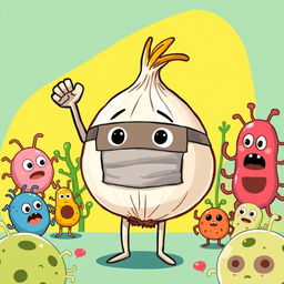 A cute onion wearing a mask triumphantly defeats various cartoonish bacteria, illustrated in the charming style of Jon Klassen