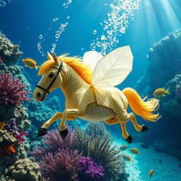 A whimsical creature resembling a horse but with the head of a bee and delicate wings made of toilet paper