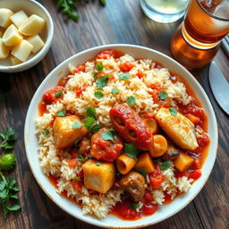 A delicious and vibrant plate of Thieboudienne, the traditional Senegalese dish