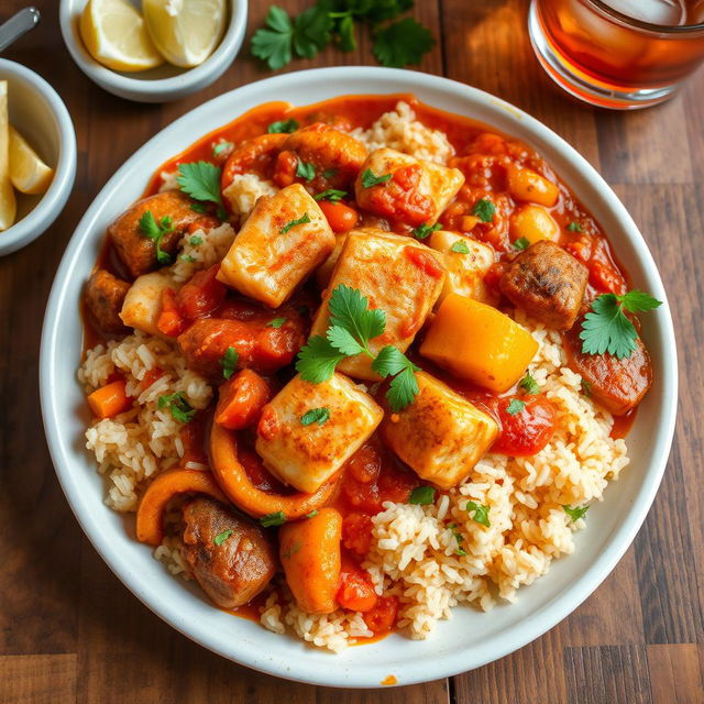 A delicious and vibrant plate of Thieboudienne, the traditional Senegalese dish