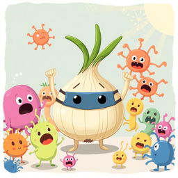 A cute onion wearing a mask triumphantly defeats various cartoonish bacteria in a playful scene