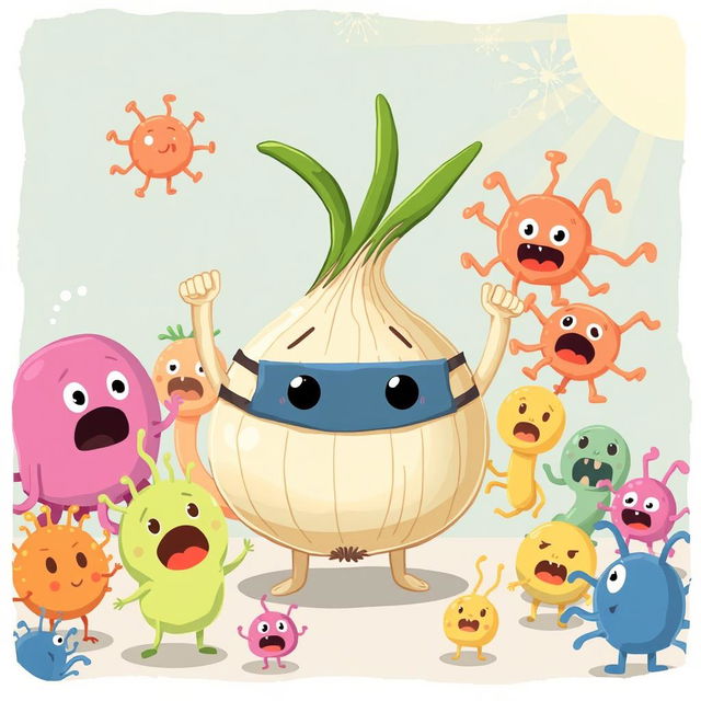 A cute onion wearing a mask triumphantly defeats various cartoonish bacteria in a playful scene