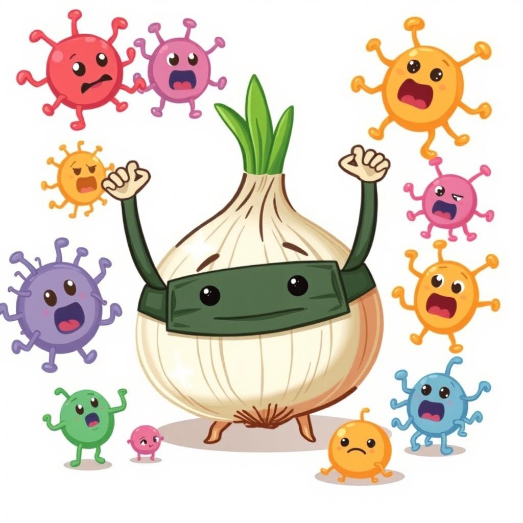 A cute onion wearing a mask triumphantly defeats various cartoonish bacteria in a playful scene