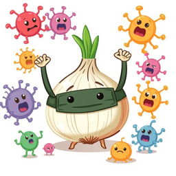 A cute onion wearing a mask triumphantly defeats various cartoonish bacteria in a playful scene