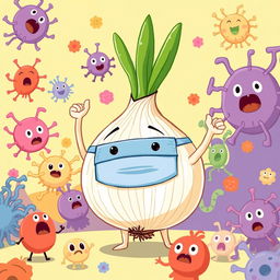 A cute onion wearing a mask triumphantly defeats various cartoonish bacteria in a playful scene