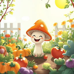 In a bright morning garden, a cute little mushroom is joyfully smiling, radiating happiness
