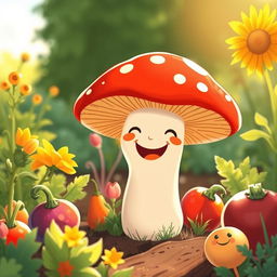 In a bright morning garden, a cute little mushroom is joyfully smiling, radiating happiness