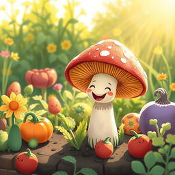 In a bright morning garden, a cute little mushroom is joyfully smiling, radiating happiness