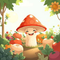 In a bright morning garden, a cute little mushroom is joyfully smiling, radiating happiness