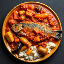 A beautifully presented plate of Thieboudienne, the traditional Senegalese dish