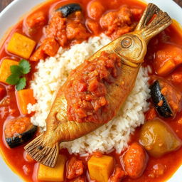 A beautifully presented plate of Thieboudienne, the traditional Senegalese dish