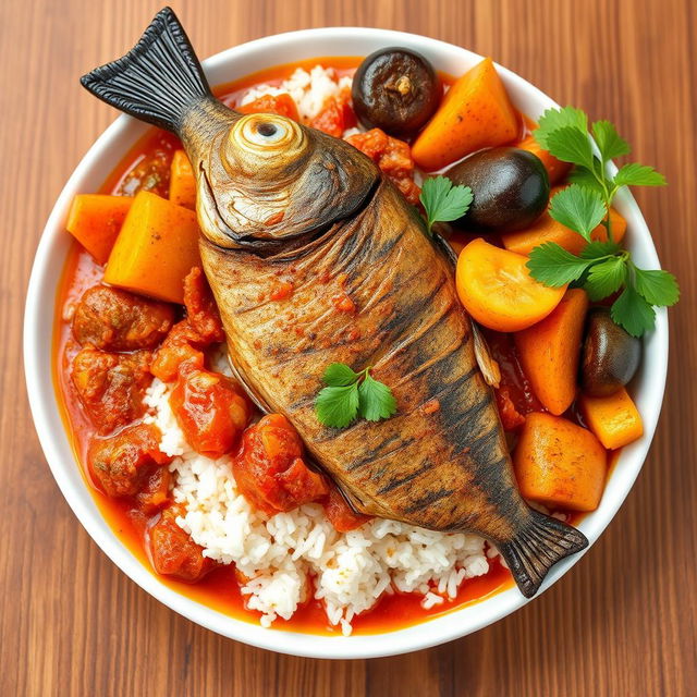 A beautifully presented plate of Thieboudienne, the traditional Senegalese dish