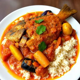 A beautifully presented plate of Thieboudienne, the traditional Senegalese dish