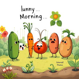 In a bright morning garden, a cute cucumber, a charming carrot, an adorable onion, a delightful tomato, and a lovable potato are engaged in a playful argument