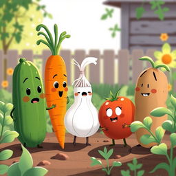 In a bright morning garden, a cute cucumber, a charming carrot, an adorable onion, a delightful tomato, and a lovable potato are engaged in a playful argument