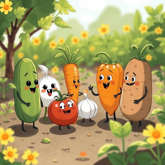 In a bright morning garden, a cute cucumber, a charming carrot, an adorable onion, a delightful tomato, and a lovable potato are engaged in a playful argument