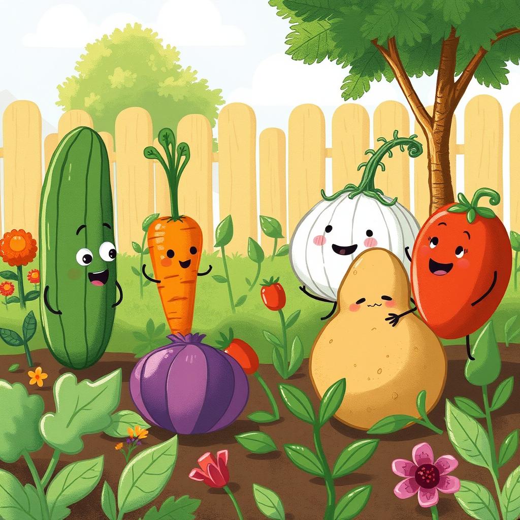 In a bright morning garden, a cute cucumber, a charming carrot, an adorable onion, a delightful tomato, and a lovable potato are engaged in a playful argument