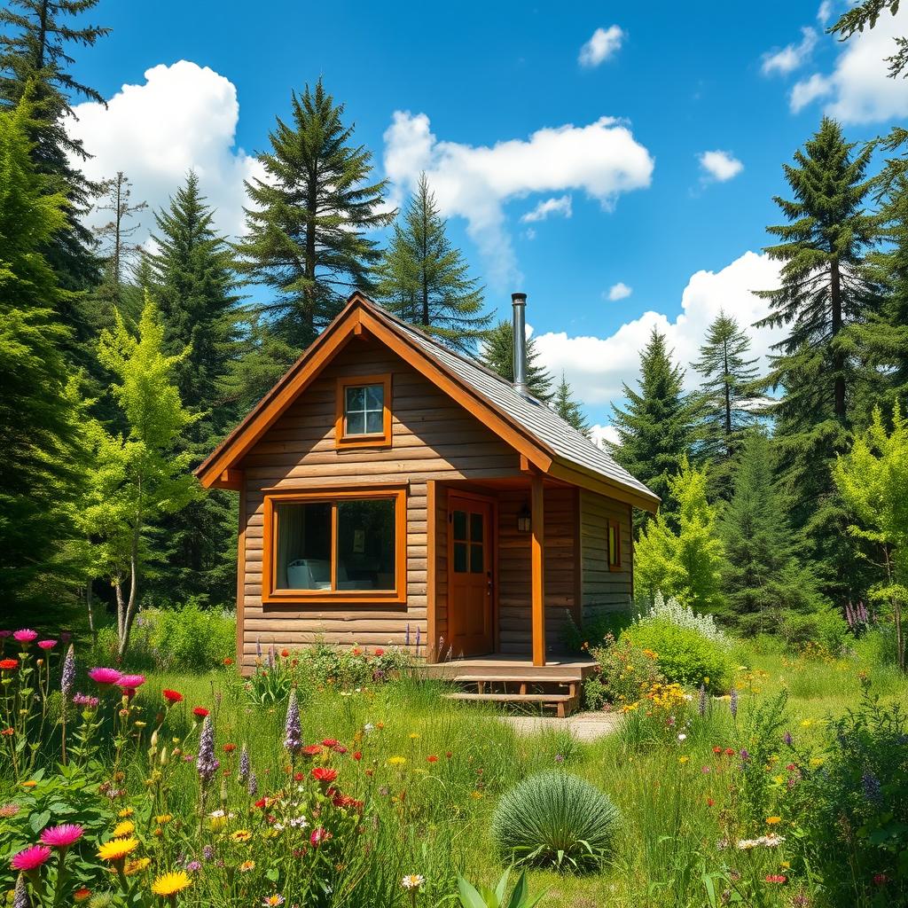 a cozy tiny house nestled in a lush green forest, surrounded by vibrant wildflowers and tall trees, featuring a charming wooden exterior with a small porch, large windows that let in natural light, and a chimney with smoke gently rising, a clear blue sky with fluffy white clouds above, emphasizing sustainability and tranquility in nature