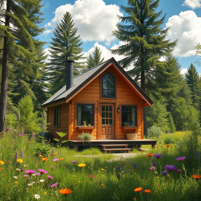 a cozy tiny house nestled in a lush green forest, surrounded by vibrant wildflowers and tall trees, featuring a charming wooden exterior with a small porch, large windows that let in natural light, and a chimney with smoke gently rising, a clear blue sky with fluffy white clouds above, emphasizing sustainability and tranquility in nature