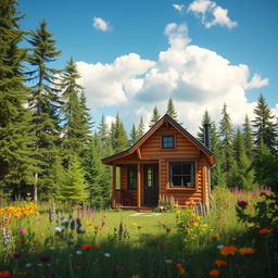 a cozy tiny house nestled in a lush green forest, surrounded by vibrant wildflowers and tall trees, featuring a charming wooden exterior with a small porch, large windows that let in natural light, and a chimney with smoke gently rising, a clear blue sky with fluffy white clouds above, emphasizing sustainability and tranquility in nature