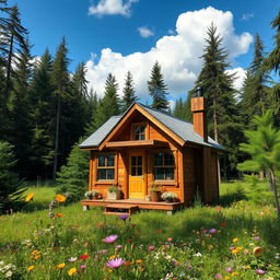 a cozy tiny house nestled in a lush green forest, surrounded by vibrant wildflowers and tall trees, featuring a charming wooden exterior with a small porch, large windows that let in natural light, and a chimney with smoke gently rising, a clear blue sky with fluffy white clouds above, emphasizing sustainability and tranquility in nature