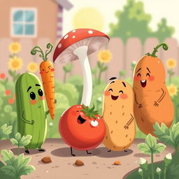 In a bright morning garden, a cute cucumber, an adorable carrot, a charming mushroom, a delightful tomato, and a lovable potato are engaged in a playful argument