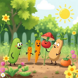 In a bright morning garden, a cute cucumber, an adorable carrot, a charming mushroom, a delightful tomato, and a lovable potato are engaged in a playful argument