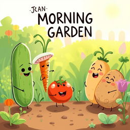 In a bright morning garden, a cute cucumber, an adorable carrot, a charming mushroom, a delightful tomato, and a lovable potato are engaged in a playful argument