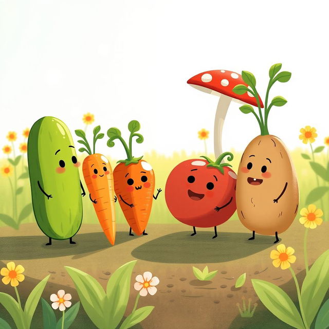 In a bright morning garden, a cute cucumber, an adorable carrot, a charming mushroom, a delightful tomato, and a lovable potato are engaged in a playful argument