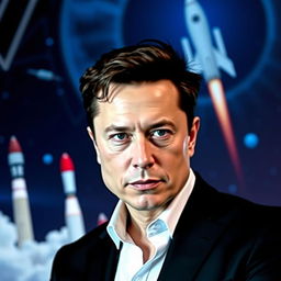 A portrait of Elon Musk, showcasing his intense gaze and thoughtful expression