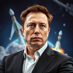 A portrait of Elon Musk, showcasing his intense gaze and thoughtful expression