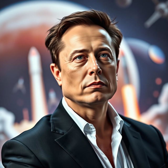 A portrait of Elon Musk, showcasing his intense gaze and thoughtful expression